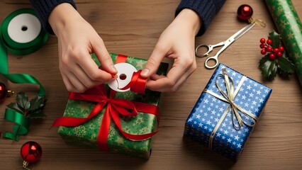 Hands Tying a Ribbon on a Christmas Gift.