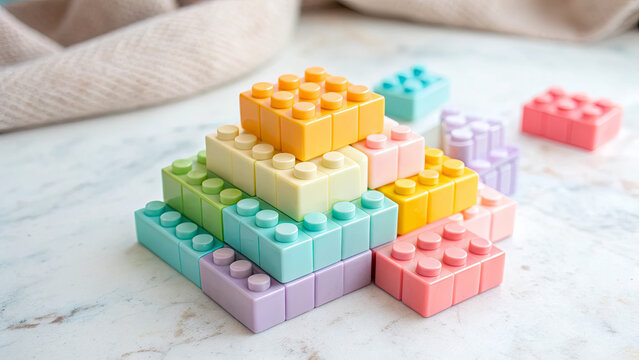 Colorful building blocks arranged in a pyramid shape on a marble surface during daytime