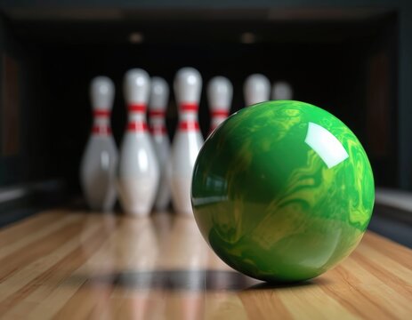 Green bowling ball waits on wood lane before white pins. Ball is ready to hit pins for game score. Sport equipment setup on bowling alley floor.