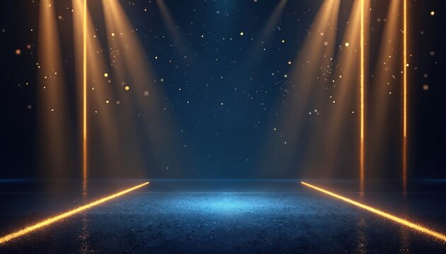 Abstract background featuring stage design with gold spotlights and blue tones. Scene with bright lights and glowing lines. Perfect background for award ceremony or concert.