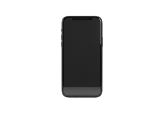 Close up of a sleek silver smartphone with a dark screen and minimal design isolated on a black background in 3D render