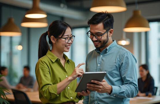 Asian woman shows tablet to male colleague. They talk and smile in modern office. Teamwork and collaboration in business environment. People interact with tech for work.