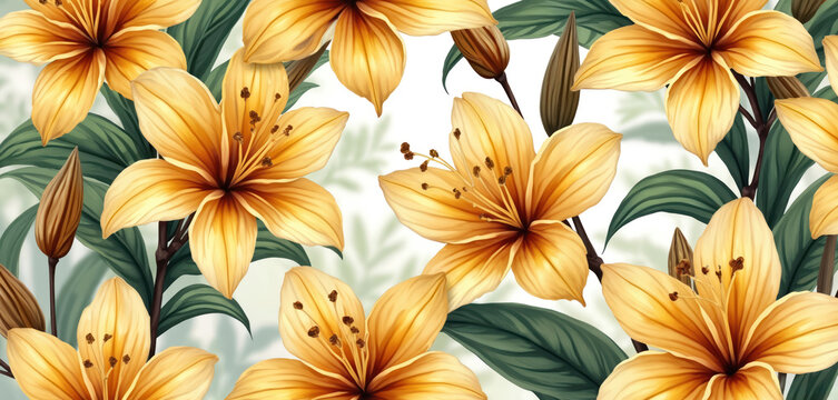 Seamless pattern with yellow lily flowers and leaves. Floral art for backgrounds textiles wallpaper. Botanical illustration in a modern style. Flower digital paper is ideal for wedding invites.