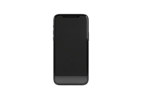 Close up of a sleek silver smartphone with a dark screen and minimal design isolated on a black background in 3D render