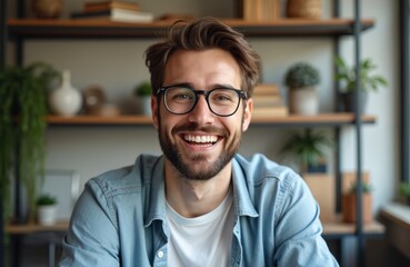 Cheerful man portrait. Guy looks at camera. Male smiles at home. Person posing near shelves. Happy face of young adult wearing glasses and blue shirt. Positive emotions and good mood concept.