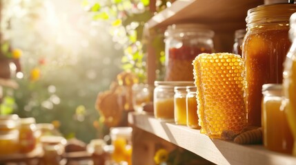 Jars of Honey and Honeycomb in Sunlit Rustic Setting. Highlights the concept of organic food production and traditional beekeeping in a cozy environment.