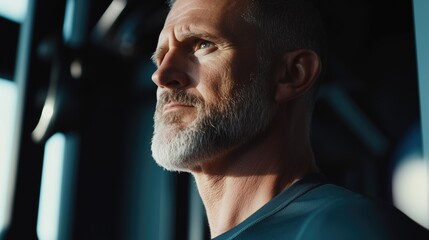 Concentrated mature man in athletic clothing getting ready to lift weights during a workout in a gym. with copy space image.