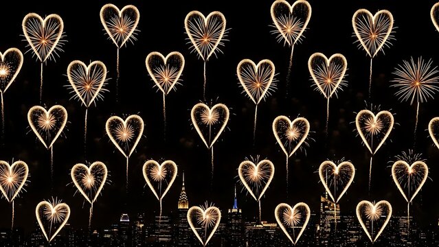 Heart-shaped fireworks illuminate the night sky over the city. - Powered by Adobe