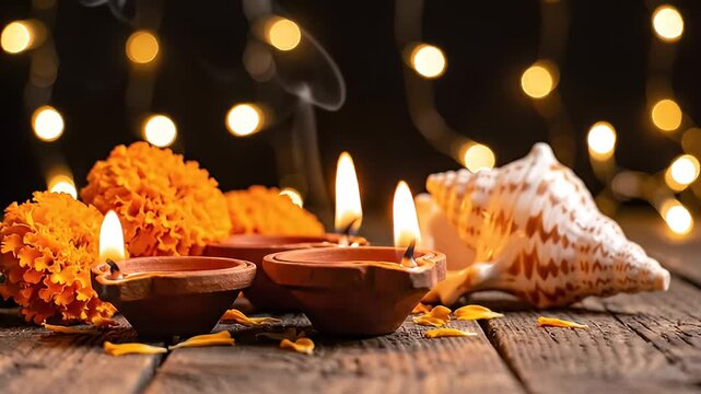 Lit clay lamps with marigold flowers and a conch shell