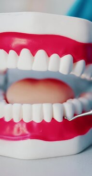 Dentist, cleaning and teeth model with tool for wellness, oral hygiene and remove tartar. Person, mouth mold or curette to check for tooth decay, gum disease and prevent cavity with periodontal care