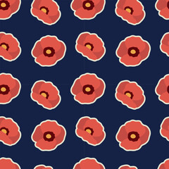 Pattern of Red Poppy Flowers Vector Illustration. Seamless vector pattern featuring stylized red poppy flowers on a dark blue background.