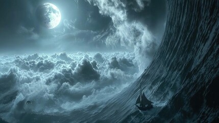 A lone schooner navigates a towering ocean wave under a bright full moon with sparkling sea spray and dramatic clouds creating a sense of adventure and peril