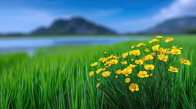A vibrant image of yellow flowers in a lush green meadow, with a mountain range and a body of water in the background. The scene is bathed in daylight.