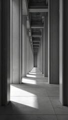 Fototapeta premium Monochrome corridor with repeating concrete columns and beams. Geometric perspective of a long hallway with light and shadow patterns on floor. Architectural background.