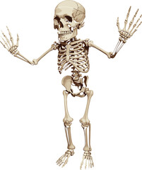 Human skeleton standing with raised hands, detailed anatomical bone model, medical anatomy reference, educational skeletal structure graphic for science, healthcare, and biology designs