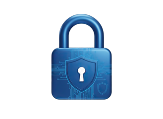 Blue Digital Padlock Icon with Glowing Circuitry and Shield Graphic Isolated on Black Background Abstract Technology Concept