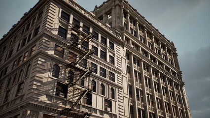 A stunning view of a historic building with ornate facades and a prominent fire escape under a partly cloudy sky. Sunlight highlights the architectural features, creating a warm ambiance.