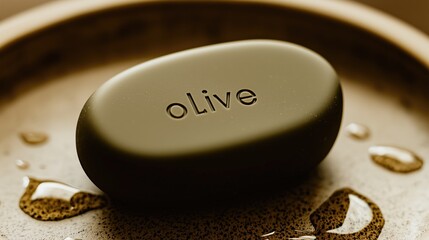 A detailed close-up shot of a green soap bar labeled 'olive,' surrounded by water droplets, highlighting cleanliness and hygiene in an attractive and fresh arrangement.