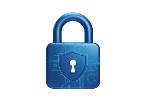 Blue Digital Padlock Icon with Glowing Circuitry and Shield Graphic Isolated on Black Background Abstract Technology Concept