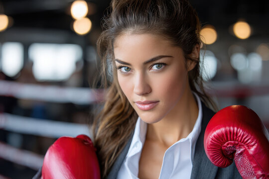 Strong female boxer poses confidently in a training gym focused on her upcoming fight