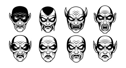 Fototapeta premium Collection of Eight Scary Monster Faces with Fangs and Horns.