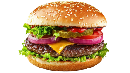 Juicy hamburger stacked with fresh lettuce, tomato, onions, and pickles served on a sesame seed bun.
