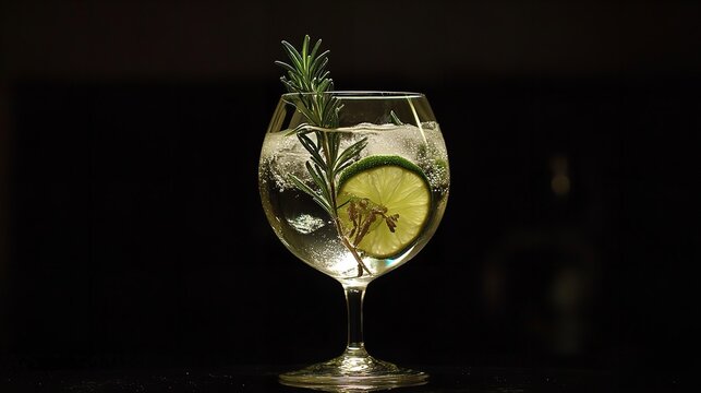 A refreshing gin and tonic cocktail garnished with a slice of lime and a sprig of rosemary in a balloon glass against a dark background