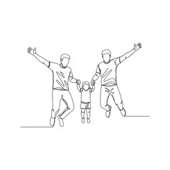 Continuous line drawing of two men and a child jumping happily, hands held, celebrating family joy and unity