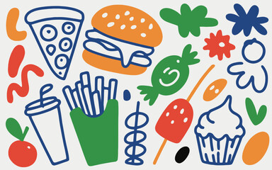 Playful Fast Food and Sweet Treats Doodle Illustration with Colorful Accents
