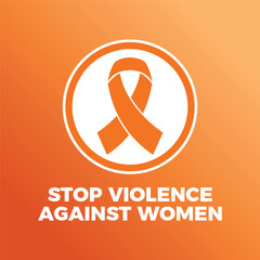 Obraz premium Stop Violence Against Women poster with orange ribbon vector illustration. Orange awareness ribbon icon in a circle. Template for background, banner, card