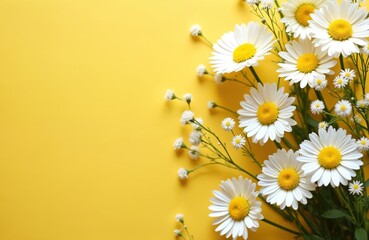 Daisy flowers on yellow. Floral layout with chamomile blooms and space for text. Spring nature composition for banner, gift card, web design. Flowers background for holidays like Mothers day.