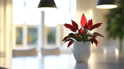 Red-Leafed Plant in a White Pot on a Sunlit Table