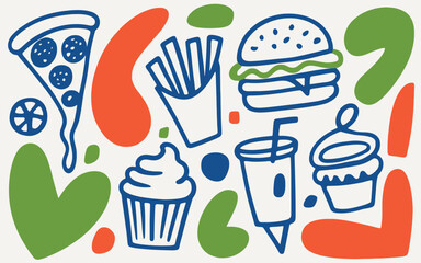 Colorful Hand Drawn Fast Food Pattern with Pizza Burger Fries and Cupcakes