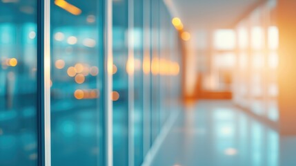 Beautiful blurred background of a light modern office interior with panoramic windows and beautiful lighting