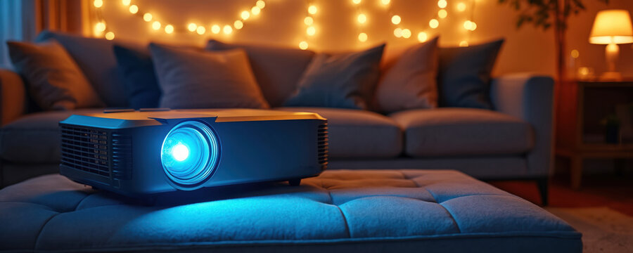 Digital projector displays film in cozy living room. Warm light flickers from string lights on wall behind couch. Multimedia home theater is ready for relaxed movie night.