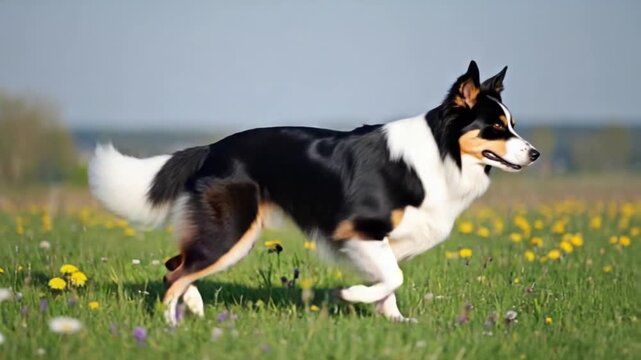 A border collie standing in a field of wildflowers on a sunny day looking at the camera lens dog video