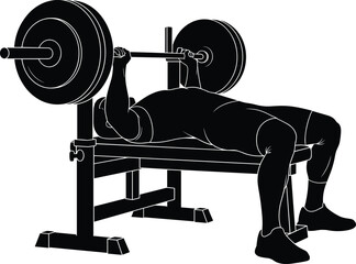 Silhouette of athlete performing heavy bench press exercise on weight bench, strength training, fitness workout, bodybuilding movement, gym equipment illustration for designs