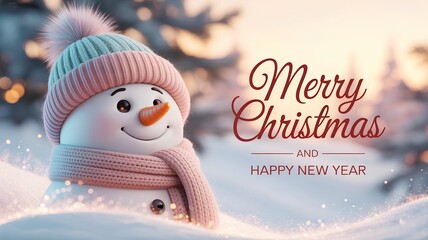 A soft pastel Christmas scene featuring a plush snowman, dreamy winter lighting, gentle snowfall, and serene empty space&mdash;perfect for modern d&eacute;cor, prints, and calm holiday visuals.