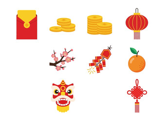 Collection of twelve colorful icons representing Chinese New Year symbols