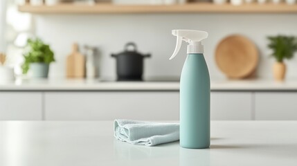 Clean kitchen table surface with disinfectant spray bottle and towel, simple sanitizing setup