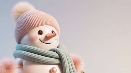 Minimalist pastel 3d snowman artwork with soft plush textures and clean open space, ideal for elegant Christmas cards and seasonal winter prints