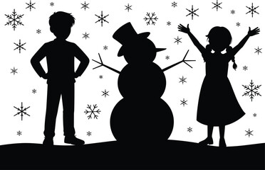 Silhouette of children building snowman in winter scene, falling snowflakes, joyful holiday atmosphere, festive outdoor play illustration perfect for Christmas designs