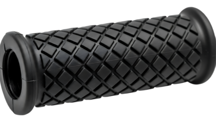 A close up of a black rubber grip with a diamond pattern and a round end on a white background
