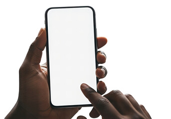 dark skin hands holding phone tapping blank screen isolated transparent background