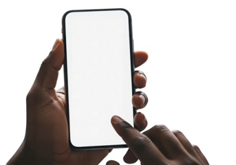 dark skin hands holding phone tapping blank screen isolated transparent background