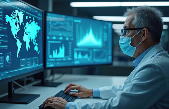 Doctor in lab coat with face mask studies computer screens displaying world map and data charts. Scientist analyzes global trends for medical research project, working in modern laboratory setting.