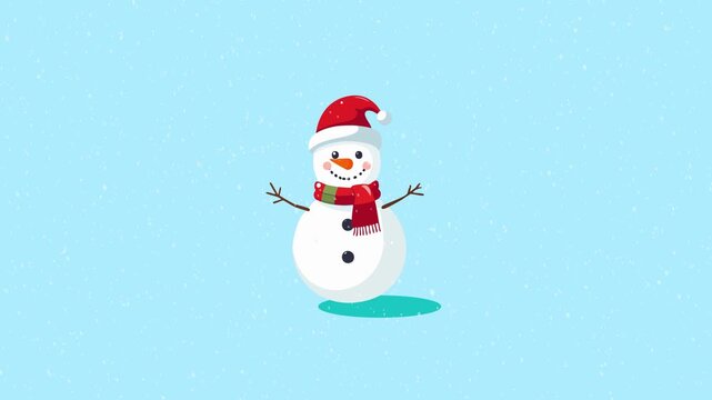 Cute Snowman Christmas Animation with Falling Snow &ndash; Transparent Background Winter Holiday Loop &ndash; Cartoon Festive Character Clip for Seasonal Video Projects