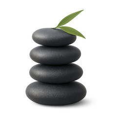 Stack of balanced black zen stones with green leaf isolated on transparent background.png