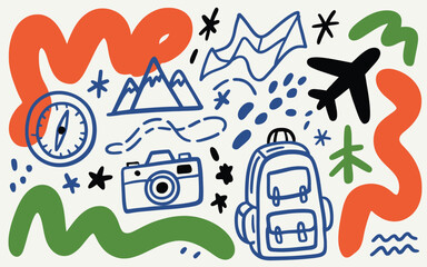 Hand Drawn Travel Doodles with Airplane Backpack Camera Compass and Mountains
