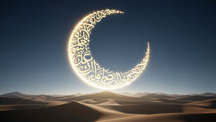 Glowing crescent moon with arabic calligraphy over a desert landscape under a blue sky at sunset